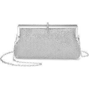 🆕Women Silver Polyester Crystal Rhinestone Evening Clutch Purse Crossbody